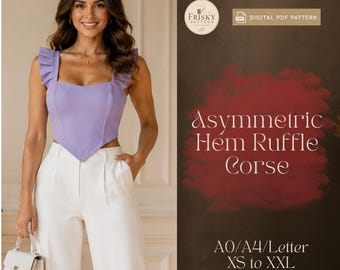 Patrón de costura PDF para corsé asimétrico con volantes en el bajo, top corto tipo bustier con volantes, top de verano para mujer, top de mujer con ribete de volantes, patrón de corsé para Halloween.