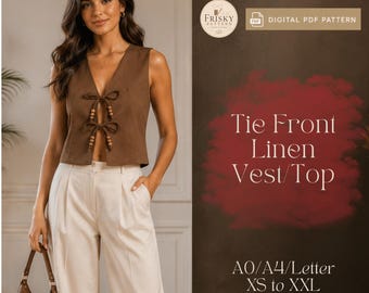 Patrón de costura en PDF para chaleco de lino con lazo frontal, patrón de top sin mangas, chaleco estilo western con lazo, top casual de verano, top con lazo frontal, patrón de blusa