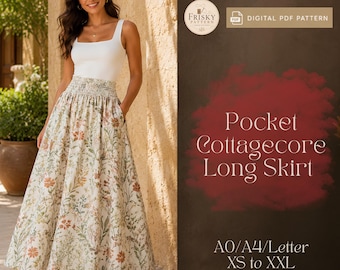 Patrón de falda maxi de lino en PDF, patrón de costura de falda con bolsillos para mujer, patrón de falda larga estilo cottagecore, falda larga fruncida, falda casual.