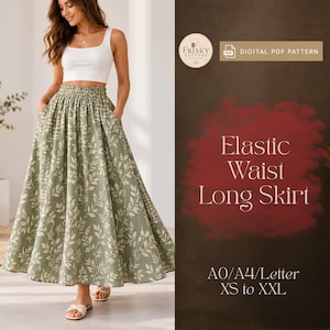 Puede incluir: Un patrón PDF digital para una falda larga con cintura elástica en tela verde salvia con un estampado de hojas blancas. El texto en la imagen dice Frisky Pattern, Digital PDF Pattern, Elastic Waist Long Skirt, A0/A4/Letter, XS to XXL.