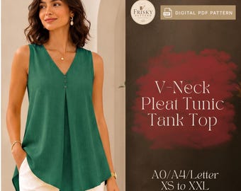 Patrón de costura en PDF para top sin mangas con pliegues en la parte delantera, patrón de blusa con cuello en V, camisa de verano para mujer, top de trabajo holgado, patrón de top casual.