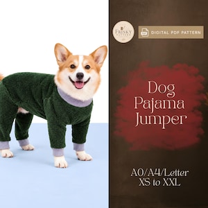 May include: A Corgi wearing a dark green fleece dog pajama jumper with light gray ribbed cuffs and collar. The text on the right reads Frisky Pattern, Digital PDF Pattern, Dog Pajama Jumper, and A0/A4/Letter XS to XXL.