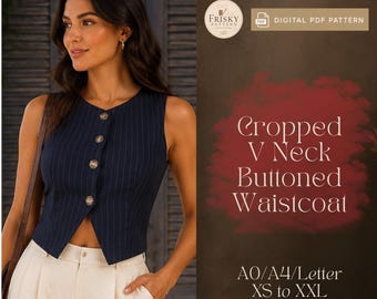 Patrón de costura en PDF para chaleco corto, patrón de chaleco para mujer, chaleco corto con cuello en V y botones, chaleco para mujer, patrón de costura para chaleco corto.