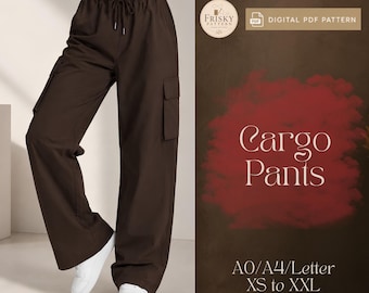 Cargo Pants Sewing Pattern PDF, Women Wide Leg Pants Pattern, Cargo Trousers with Four Pockets,High Waist Pants,  Women Pants Sewing Pattern