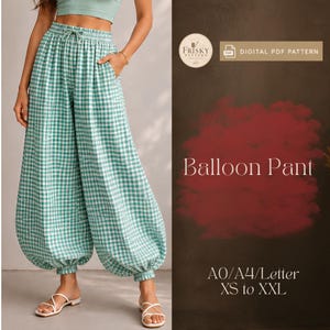 Könnte beinhalten: Grün-weiß karierte Ballonhose mit Kordelzug und Taschen. Das digitale PDF-Muster stammt von Frisky Pattern, erhältlich in den Größen XS bis XXL. Der Text "Balloon Pant" ist ebenfalls enthalten.