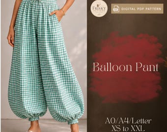 Patrón de costura PDF para pantalón globo, patrón de pantalón de pierna ancha, pantalón de pierna ancha, patrón de pantalón harem, pantalón holgado, patrón de pantalón con bolsillos, pantalones bohemios