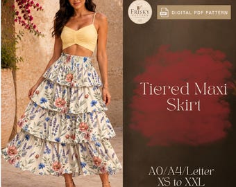 Tiered Maxi Skirt Sewing Pattern, Ruffled Skirt Pattern, Long Gathered Skirt, Plaid Flowing Skirt, Long Skirt Pattern, Easy Sewing Pattern