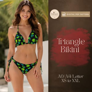 May include: A digital PDF pattern for a triangle bikini featuring a black fabric with a bright green heart print. The text on the graphic reads Frisky Pattern, Digital PDF Pattern, Triangle Bikini, and A0/A4/Letter XS to XXL.