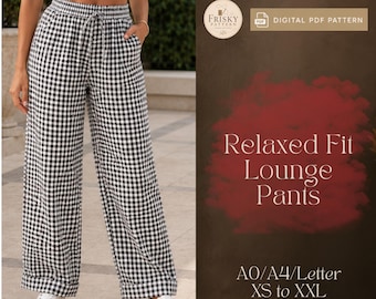 Patrón de pantalones de descanso de corte relajado / Patrón de pantalones de pijama / Pantalones palazzo con cintura elástica / Pantalones sin cierre / Pantalón de corte recto / Bolsillos de lino