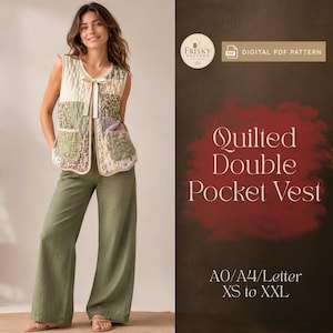 Cartamodello per gilet trapuntato, cartamodello per gilet da donna con apertura frontale, gilet con doppie tasche, cartamodello per gilet patchwork, cartamodello per giacca trapuntata, gilet ondulato