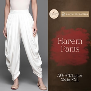 Könnte beinhalten: Weiße Haremshose mit hoher Taille und drapiertem, gefaltetem Stoff entlang der Beine. Das Bild enthält den Text: Frisky Pattern, Digital PDF Pattern, Harem Pants, A0/A4/Letter, XS to XXL. Die Hose wird mit einem hellen Oberteil kombiniert.