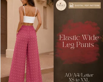Patrón de costura en PDF para pantalones anchos elásticos, pantalones palazzo para mujer, pantalones holgados de lino, patrón de pantalones de verano, patrón de pantalones holgados con bolsillo.