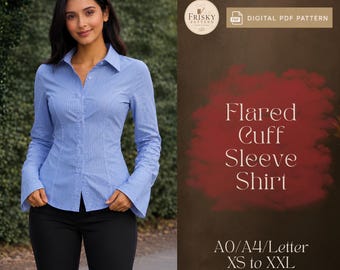 Patrón de costura en PDF para camisa ajustada, patrón de blusa con mangas acampanadas y puños, patrón de costura para camisa con botones y cordón ajustable en la cintura, patrón de costura para mujer.