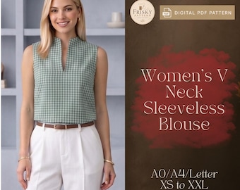 Patrón de blusa sin mangas con cuello en V para mujer, patrón de top de tirantes de verano, camisa de oficina, top casual, blusa sin mangas con muesca, top de lino