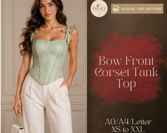 Bow Front Corset Top Sewing Pattern PDF, Tie Back Tank Top, Vintage Rococo Bodice, Coquette Summer Top, Cottagecore Tie Strap Bodice Pattern