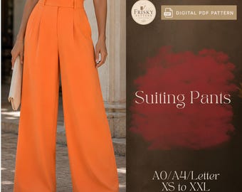 Patrón de costura en PDF para pantalones de pierna ancha, patrón de pantalón de cintura alta, pantalones palazzo para mujer, pantalones formales de oficina, pantalones de descanso suaves, pantalones de traje.
