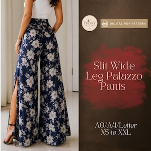 Op de afbeelding: Marineblauwe palazzo broek met een bloemenpatroon en zijsplitten. De broek heeft een hoge taille en wijde pijpen. De afbeelding bevat ook de tekst "Slit Wide Leg Palazzo Pants" en "Digital PDF Pattern".