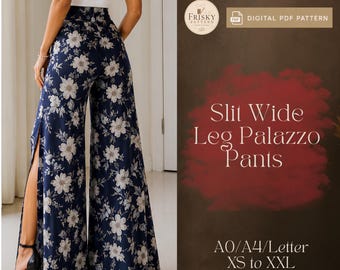 Patrón de costura para pantalones de pierna ancha con abertura, pantalones palazzo de cintura alta, patrón de pantalones florales para mujer, patrón de pantalones de lino de pierna ancha, pantalones de corte holgado