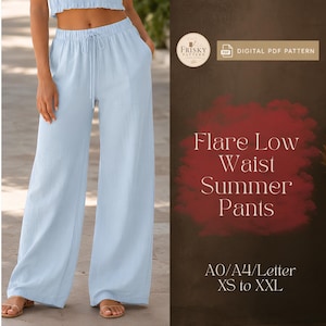 May include: Light blue flare pants with a drawstring waist. The pants are part of a digital PDF pattern. The text on the image reads "Flare Low Waist Summer Pants" and "A0/A4/Letter XS to XXL".