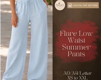 Patrón de costura para pantalones anchos de mujer, pantalón palazzo con cintura elástica y bolsillos, pantalones de verano acampanados de cintura baja, pantalones de mujer, pantalón con cordón ajustable