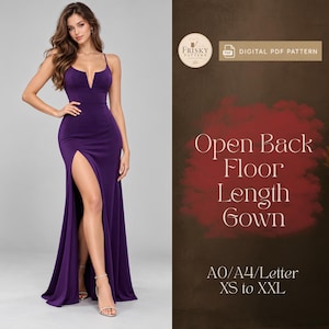 May include: A floor-length purple gown with thin spaghetti straps, a deep V-neckline, and a high side slit. The text reads: Frisky Pattern, Digital PDF Pattern, Open Back Floor Length Gown, A0/A4/Letter, XS to XXL.