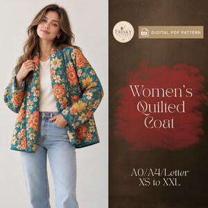 Naaipatroon voor een gewatteerde jas (PDF), patroon voor een gewatteerde damesjas, patchworkjas, naaipatroon voor een winterjas, patroon voor een damesjas, bovenkleding