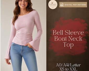 Patrón de costura en PDF para top de manga acampanada, top con cintura fruncida, patrón de blusa de punto acanalado para mujer, camisa ajustada de manga larga, top tipo jersey con cuello barco.