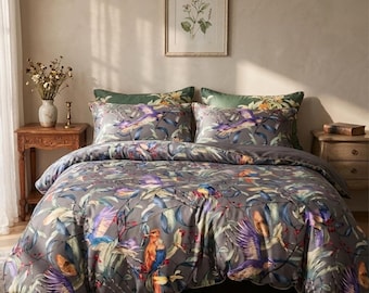 Botanical Bird Duvet Cover Set, Moody Floral Bedding, Cottagecore Bedroom Decor, Nature Inspired Bed Set, 4-piece set