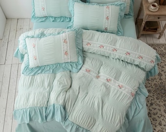 Shabby Chic Ruffle Bedding Set, Cottagecore Floral Duvet Cover Set, Vintage Princess Bedroom Decor, Coquette Bedding, Romantic house Bed Set