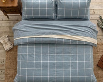 Checkered Linen Bedding Set, Soft Duvet Cover, Rustic Farmhouse Bedroom Decor, Queen King Comforter Set,  4-piece set