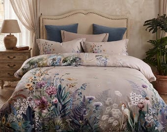 Elegant Wildflower Duvet Cover Set, Vintage Botanical Bedding, Cottagecore Bedroom Makeover, Floral Bed Decor, 4-piece set