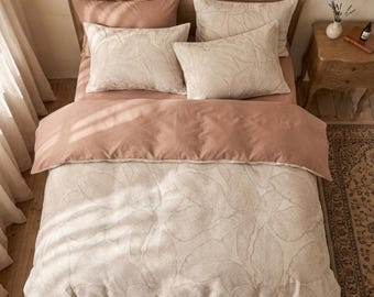 Dust Rose Meadow Bedding Set, Linen Botanical Duvet Cover, Romantic Cottage Bedroom Decor, Soft Vintage Floral Queen King Set, 4-piece set