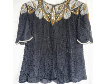 Top vintage Lawrence Kazar in seta con perline, nero, oro e argento, ideale per feste.