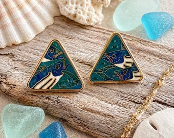 Vtg Artisan Fish Earrings Cloisonné Enamel Gold Signed 80s-90s Ocean Coastal