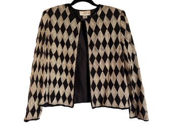 Vtg Evening Wear Laurence Kazar Silk Beaded Diamond Jacket Gold Black XL