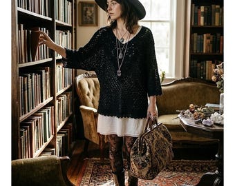 Handcrafted Black Crochet Knit Tunic V-Neck Boho Witchy Fairycore Vintage
