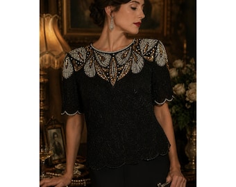 Camicetta vintage Laurence Kazar in seta nera con perline e paillettes dorate e argentate, taglia L
