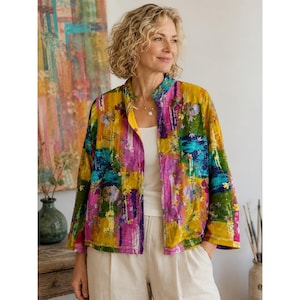 Chaqueta vintage Alex Kim Wearable Art Jacket PS Boho Luxe Bordada Patchwork Declaración