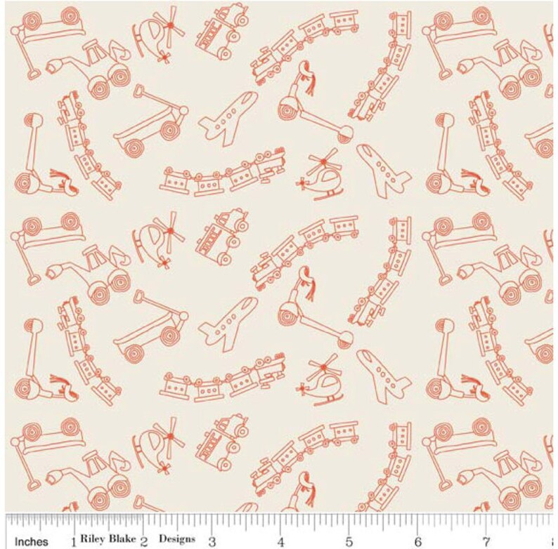 May include: Cream-colored fabric with a repeating pattern of orange line-drawn vehicles. The design includes scooters, airplanes, helicopters, trains, and wagons. The fabric is suitable for children's projects.