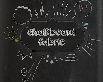 May include: Black chalkboard fabric with white chalk drawings. The text "chalkboard fabric" is in the center, surrounded by doodles like a lightbulb, lightning bolts, and a heart. The background is a dark, textured surface.