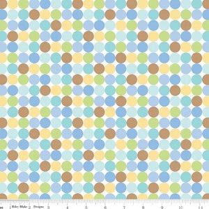 May include: White fabric with a repeating pattern of colorful circles. The circles are in shades of blue, green, yellow, and brown. The fabric is measured in inches.