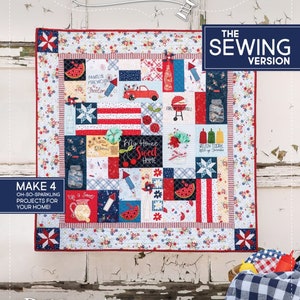 Puede incluir: Un edredón de retazos patriótico con cuadrados rojos, blancos y azules, con fuegos artificiales, una camioneta roja y rodajas de sandía. El edredón tiene un borde floral y el texto "RED, White, & BLOOM". The Sewing Version.