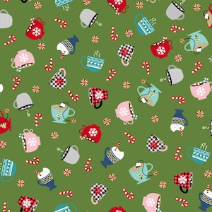 Tecido Cup of Cheer - Christmas Cozy Cup - Tecido verde de Natal - Tecido Kimberbell - Tecido de algodão