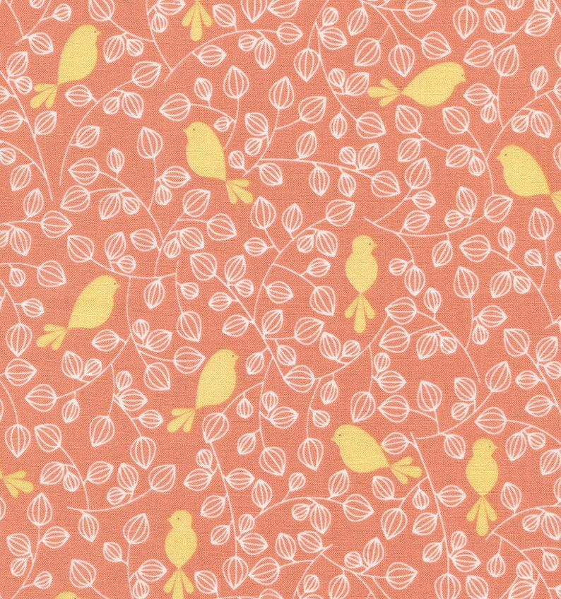 May include: A repeating pattern of yellow birds and white leaf-like shapes on a coral-colored background. The birds are stylized with simple shapes, and the leaves have a delicate, linear design. The overall effect is a cheerful, nature-inspired textile design.