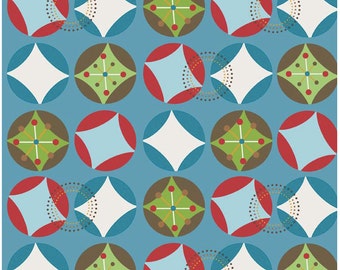 May include: A repeating pattern of colorful circles and diamonds on a blue background. The circles are in shades of red, brown, green, and blue, with white and blue diamonds. The design is reminiscent of mid-century modern art.