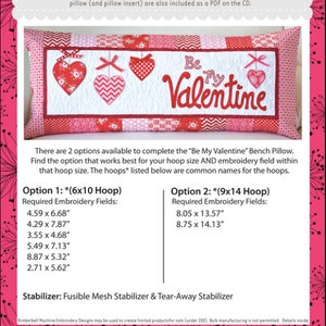 Kimberbell Bench Pillow Embroidery Machine Valentine Embroidery CD Embroidery Design Be my Valentine Pillow Embroidery image 2