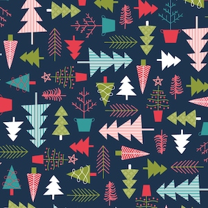 Cup of Cheer Fabric - Christmas Tree Farm - Navy Christmas Fabric - Kimberbell Fabric - Cotton Fabric