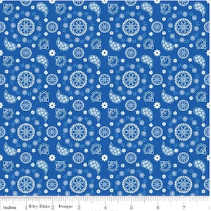 Könnte beinhalten: Blauer Stoff mit weißem Paisley- und Blumenmuster. Das Design umfasst kreisförmige Motive, Paisley-Formen und kleine Blumen. Der Stoff ist mit einem Lineal markiert.