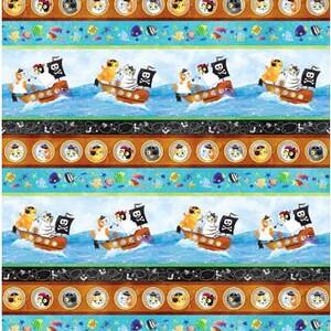 May include: A repeating pattern featuring cartoon pirate ships with cats and ducks sailing on blue waves. The design includes bands of circular portraits of cats and ducks, and bands with fish and bubbles.
