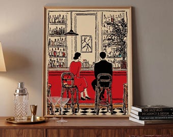 Vintage Bar Couple Poster, Mid-Century French Cafe Print, Cocktail Lounge Art